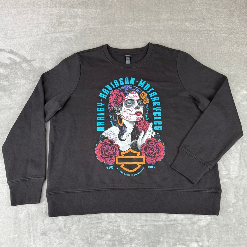 Harley-Davidson Pullover Sweatshirt Womens 2X Black Dia De Los Muertos New NWOT